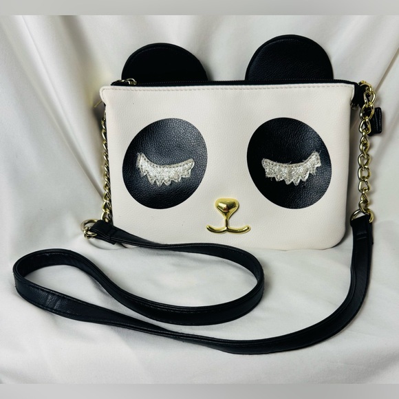 Betsey Johnson Panda Face Crossbody Wristlet Black White Gold - Picture 2 of 16